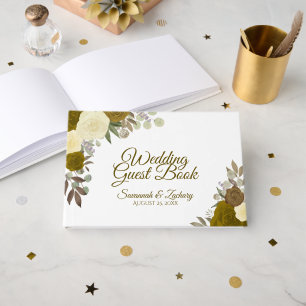 金ゴールド素朴バラエレガントフローラボホシック結婚ス ゲストブック