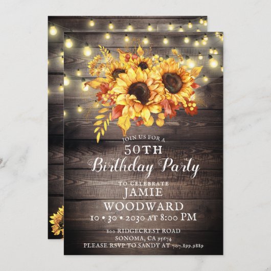 金ゴールド素朴ヒマワリ50th誕生日パーティー 招待状 (正面/裏面)