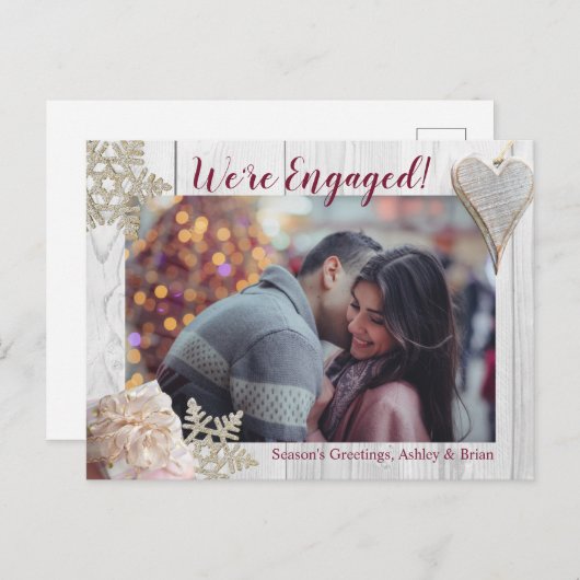 金ゴールド素朴ピンククリスマスホリデー婚約 案内ポストカード (正面/裏面)