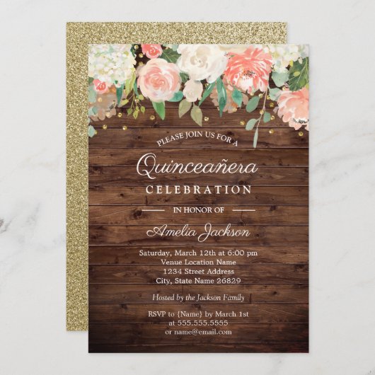 金ゴールド素朴ピーチフローラウッドキンセアニェラ招待状 招待状 (正面/裏面)