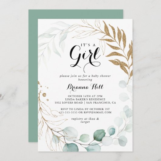 金ゴールド素朴フローラ女の子の赤ちゃんシャワー 招待状 (正面/裏面)