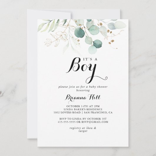 金ゴールド素朴フローラ男の子のシャワー 招待状 (正面)