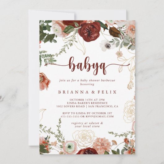 金ゴールド素朴フローラBabyQベビーシャワーバーベキュー 招待状 (正面)