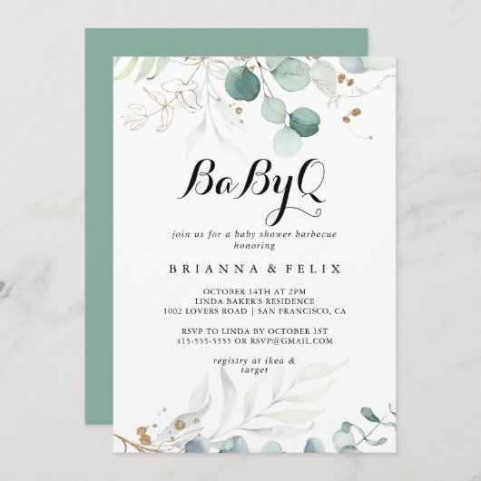 金ゴールド素朴フローラBabyQベビーシャワーバーベキュー 招待状 (正面/裏面)