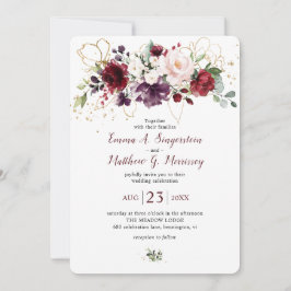 金ゴールド素朴ブルゴーニュワイン赤面フローラ結婚ズ 招待状