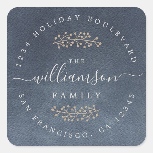 金ゴールド素朴ベリースパイグダークブルークリスマス スクエアシール (正面)