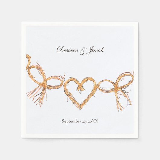 金ゴールド素朴ホワイトハートカントリーウェディングナプキンス スタンダードカクテルナプキン (正面)