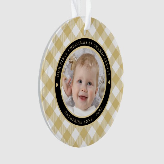 金ゴールド素朴ホワイトプレイド最初の祖父母の写真 オーナメント (正面)