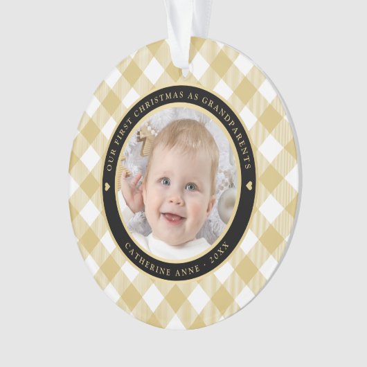 金ゴールド素朴ホワイトプレイド最初の祖父母の写真 オーナメント (正面)