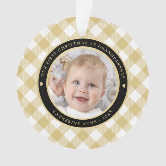 金ゴールド素朴ホワイトプレイド最初の祖父母の写真 オーナメント (正面)