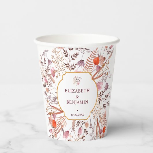 金ゴールド素朴ボホシック秋ワイルドフラワー結婚ズ 紙コップ (裏面)