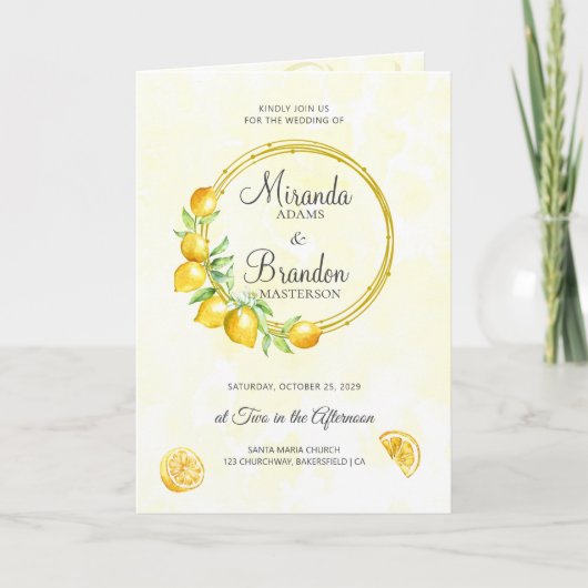 金ゴールド素朴リースレモンサマーボホ結婚ズ 招待状 (正面)