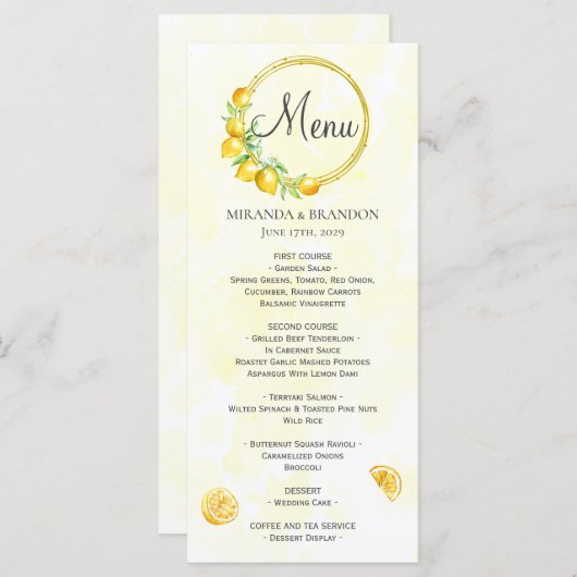 金ゴールド素朴リースレモンサマー結婚ズのメニューカード メニュー (正面/裏面)