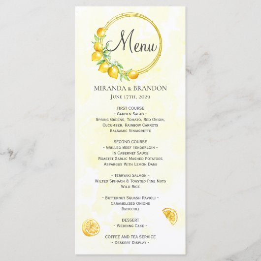 金ゴールド素朴リースレモンサマー結婚ズのメニューカード メニュー (正面)