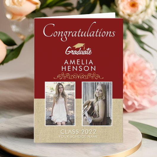 金ゴールド素朴レッド卒業生2写真卒業 カード