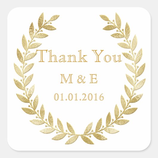 金ゴールド素朴ローレルリースパーソナライズされたサンキューS スクエアシール (正面)