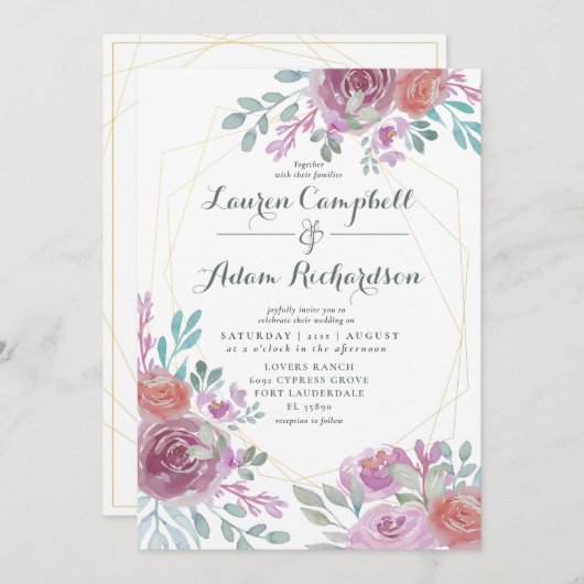 金ゴールド素朴幾何学的ブルゴーニュフローラ 招待状 (正面/裏面)