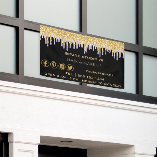 金ゴールド紫とソーシャルメディアのアイコンの滴下  横断幕 (ビルの外側)