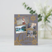 金ゴールド紫の応援の新年雪の結晶の写真 ポストカード (スタンド正面)