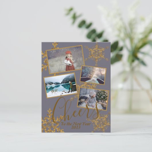 金ゴールド紫の応援の新年雪の結晶の写真 ポストカード (スタンド正面)