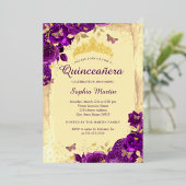 金ゴールド紫エレガントフローラ蝶キンセアニェラ 箔招待状 (立ち正面)