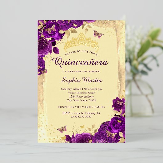 金ゴールド紫エレガントフローラ蝶キンセアニェラ 箔招待状 (立ち正面)