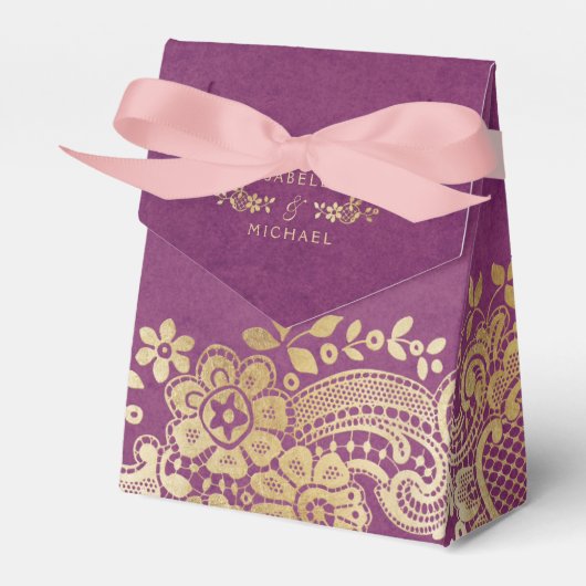金ゴールド紫エレガントヴィンテージレース結婚式の引き出物 フェイバーボックス (正面サイド)