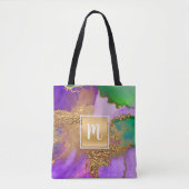 金ゴールド紫グリーンアクアマーブルウォーターカラーモノグラム トートバッグ (正面)