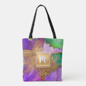 金ゴールド紫グリーンアクアマーブルウォーターカラーモノグラム トートバッグ (裏面)
