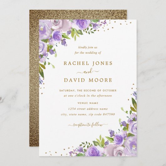 金ゴールド紫フローラ水彩結婚式の招待 招待状 (正面/裏面)