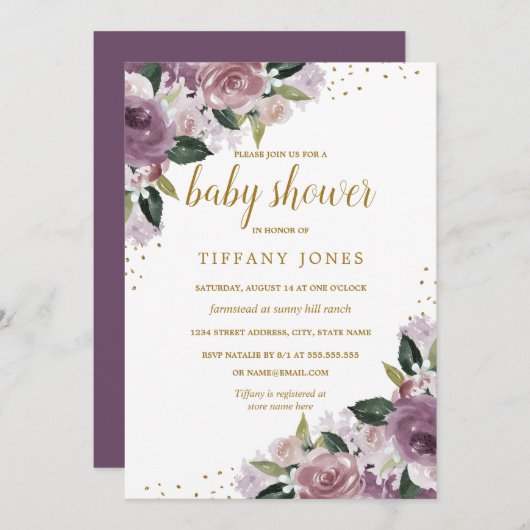 金ゴールド紫フローラ水彩赤ちゃんシャワー招待状 招待状 (正面/裏面)