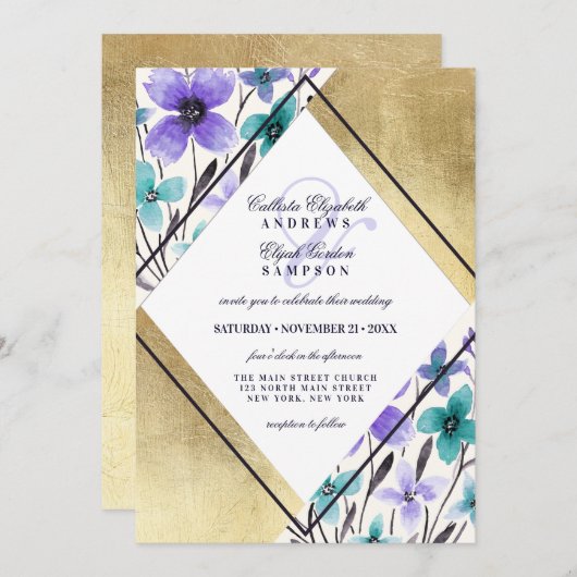 金ゴールド紫ブラックティール(緑がかった色)フラワーウォーター結婚カラー 招待状 (正面/裏面)