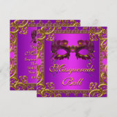金ゴールド紫マスクパープルマスカレードパーティー 招待状 (正面/裏面)