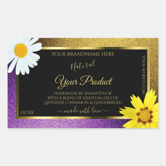 金ゴールド紫メタリックグリッターブラック製品ラベル 長方形シール (正面)