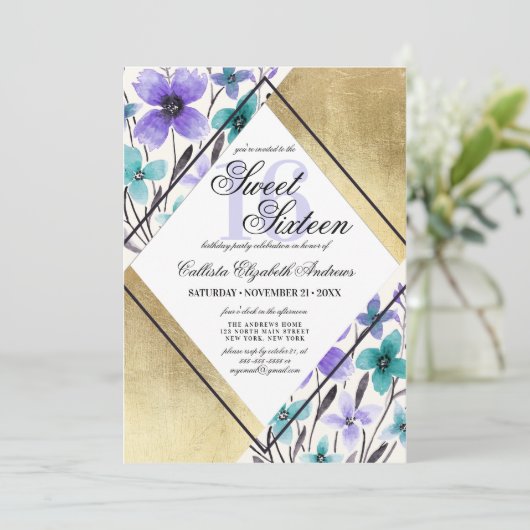 金ゴールド紫モダンティール(緑がかった色)フラワーウォーターカラースウィート16 招待状 (スタンド正面)