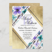 金ゴールド紫モダンティール(緑がかった色)フラワーウォーターカラースウィート16 招待状 (正面/裏面)