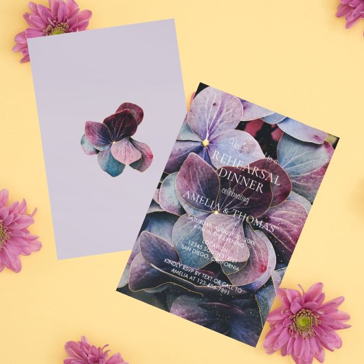 金ゴールド紫紫紫紫陽花結婚のリハーサルディナー 招待状