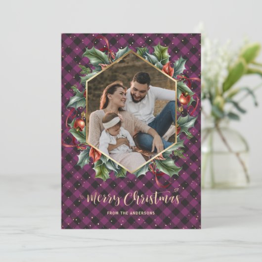 金ゴールド紫色のバッファロープレイドフォトクリスマスカード シーズンカード (スタンド正面)