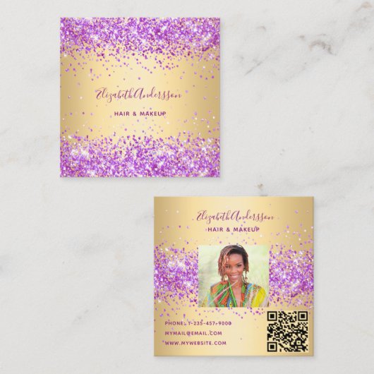 金ゴールド紫色のピンクの写真のqrコード スクエア名刺 (正面/裏面)