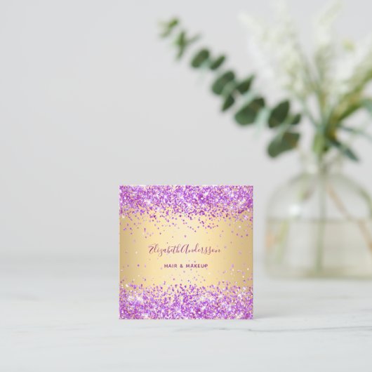 金ゴールド紫色のピンクの写真のqrコード スクエア名刺 (スタンド正面)