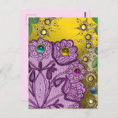 金ゴールド紫色のレースの花とカラフル宝石 ポストカード (正面/裏面)