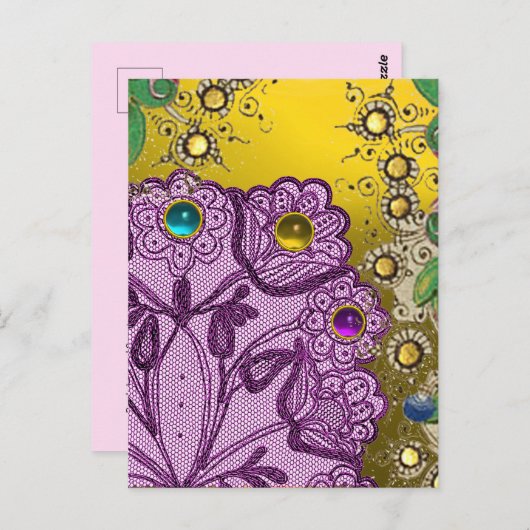 金ゴールド紫色のレースの花とカラフル宝石 ポストカード (正面/裏面)
