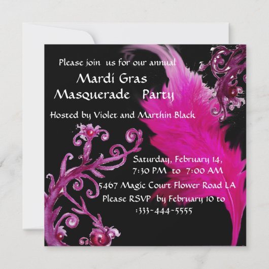 金ゴールド紫色の羽ダマスクマスク仮装パーティー 招待状 (裏面)