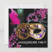 金ゴールド紫色の羽ダマスクマスク仮装パーティー 招待状 (正面)