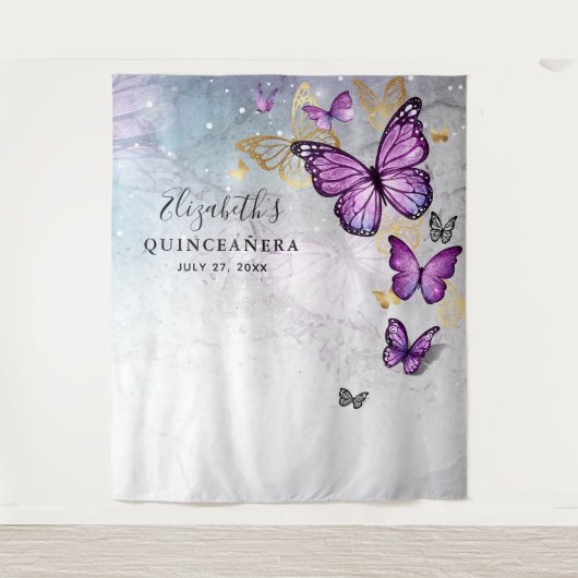 金ゴールド紫色の蝶の写真の背景タペストリー タペストリー (正面)