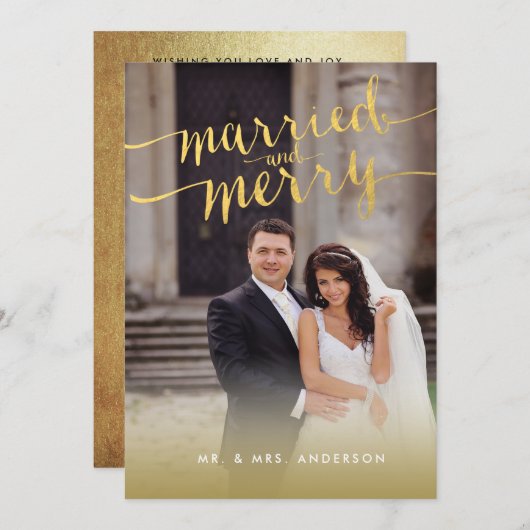 金ゴールド結婚したとスクリプメリート2フォトホリデーカード シーズンカード (正面/裏面)