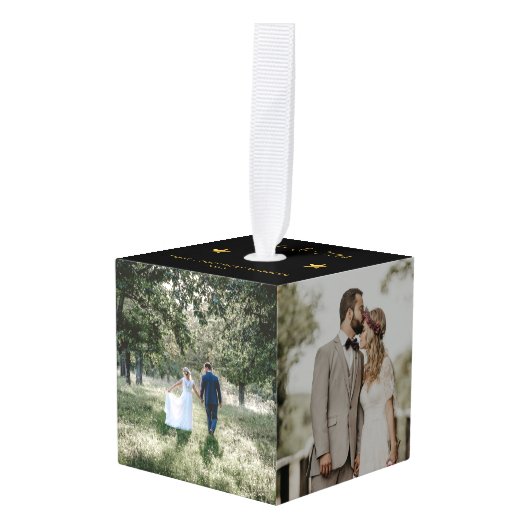 金ゴールド結婚した初めてのクリスマスのMr.And Mrs. 5写真 キューブオーナメント (正面アングル)