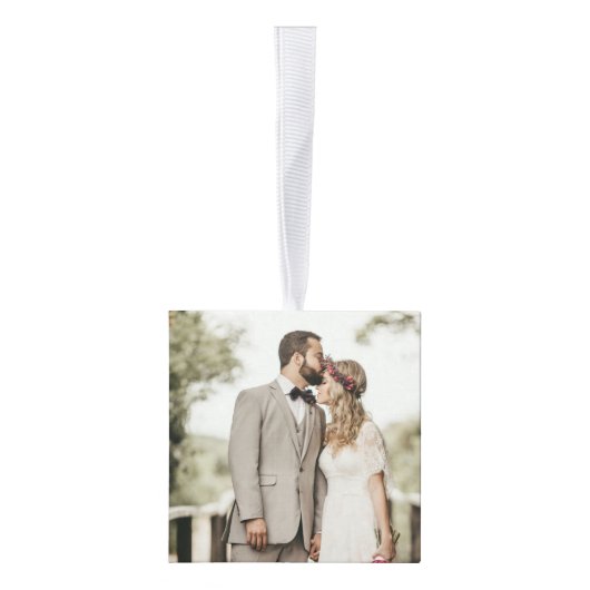 金ゴールド結婚した初めてのクリスマスのMr.And Mrs. 5写真 キューブオーナメント (右)