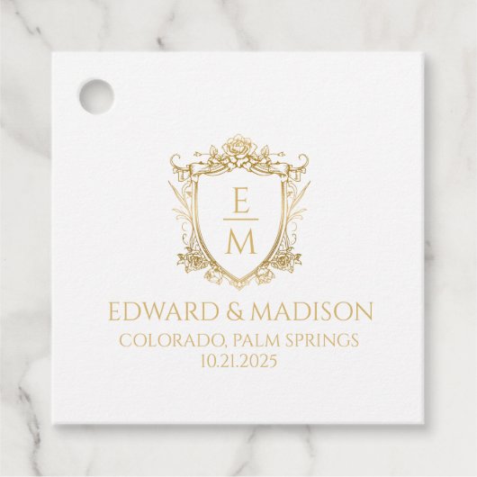 金ゴールド結婚のイニシャルとフローラ結婚クレスト フェイバータグ (正面)