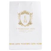 金ゴールド結婚のイニシャルとフローラ結婚クレスト ミディアムペーパーバッグ (正面)